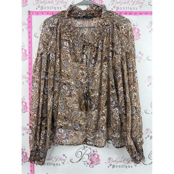 Zara Tops - Zara blouse long sleeves tassels Beige Paisley Blouse with Blue & Brown Accents